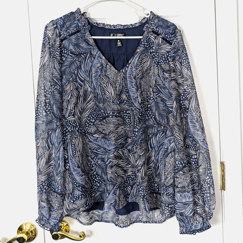 Aqua (Bloomingdale's) Blue Abstract Metallic Long Sleeve Blouse - Size L